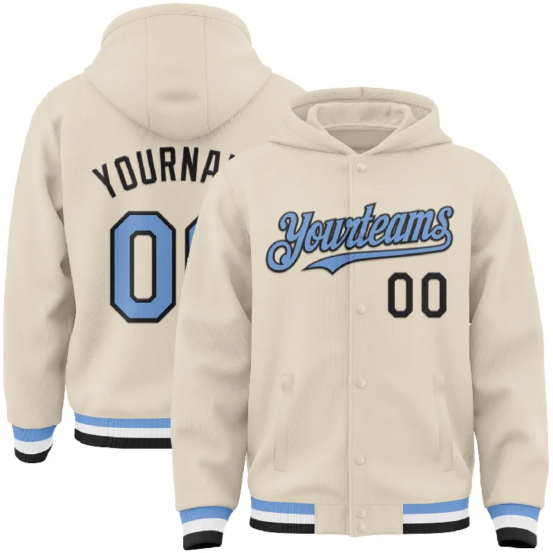 Custom Cream Light Blue Black-White Bomber Full-Snap Varsity Letterman Hoodie Jacket