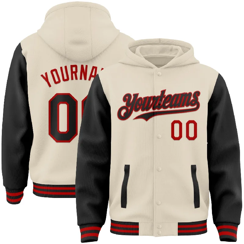 Custom Cream Black-Red Bomber Full-Snap Varsity Letterman Two Tone Hoodie Jacket