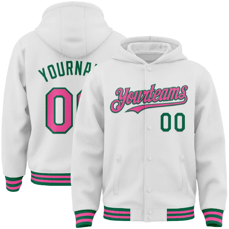 Custom White Pink-Kelly Green Bomber Full-Snap Varsity Letterman Hoodie Jacket