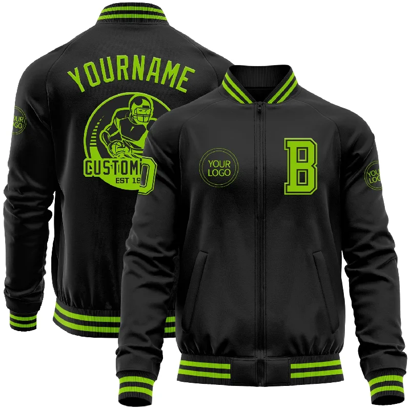 Custom Black Neon Green Bomber Varsity Letterman Zipper Jacket