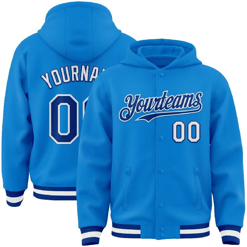 Custom Powder Blue Royal-White Bomber Full-Snap Varsity Letterman Hoodie Jacket