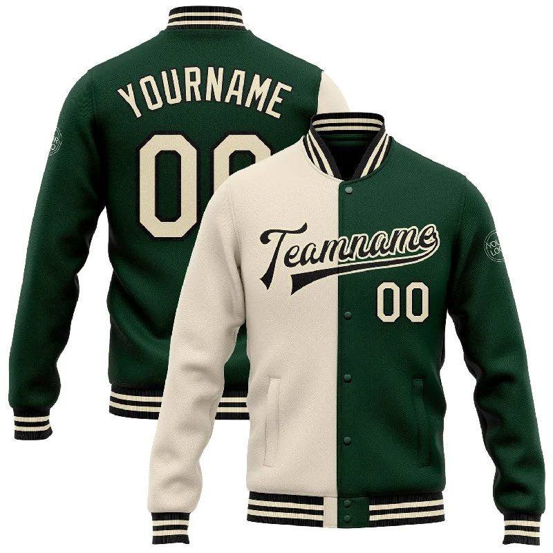 Custom Green Cream-Black Bomber Full-Snap Varsity Letterman Split Fashion Jacket