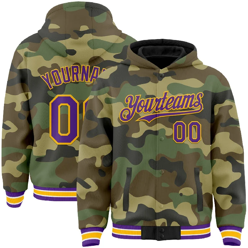 Custom Camo Purple-Gold Bomber Full-Snap Varsity Letterman Salute To Service Hoodie Jacket