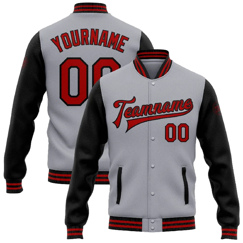 Custom Gray Red-Black Bomber Full-Snap Varsity Letterman Two Tone Jacket