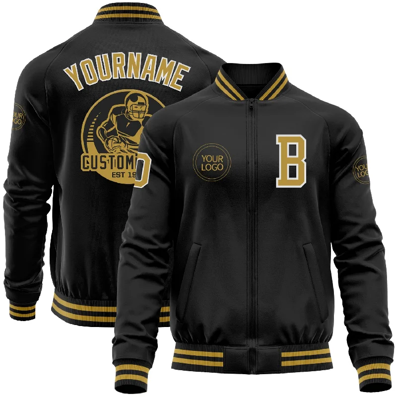 Custom Black Old Gold-White Bomber Varsity Letterman Zipper Jacket