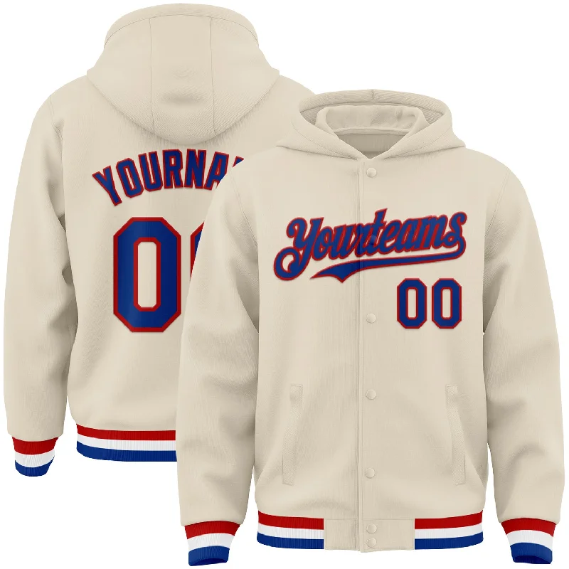 Custom Cream Royal Red-White Bomber Full-Snap Varsity Letterman Hoodie Jacket