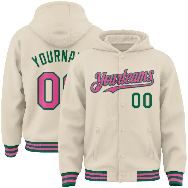 Custom Cream Pink-Kelly Green Bomber Full-Snap Varsity Letterman Hoodie Jacket