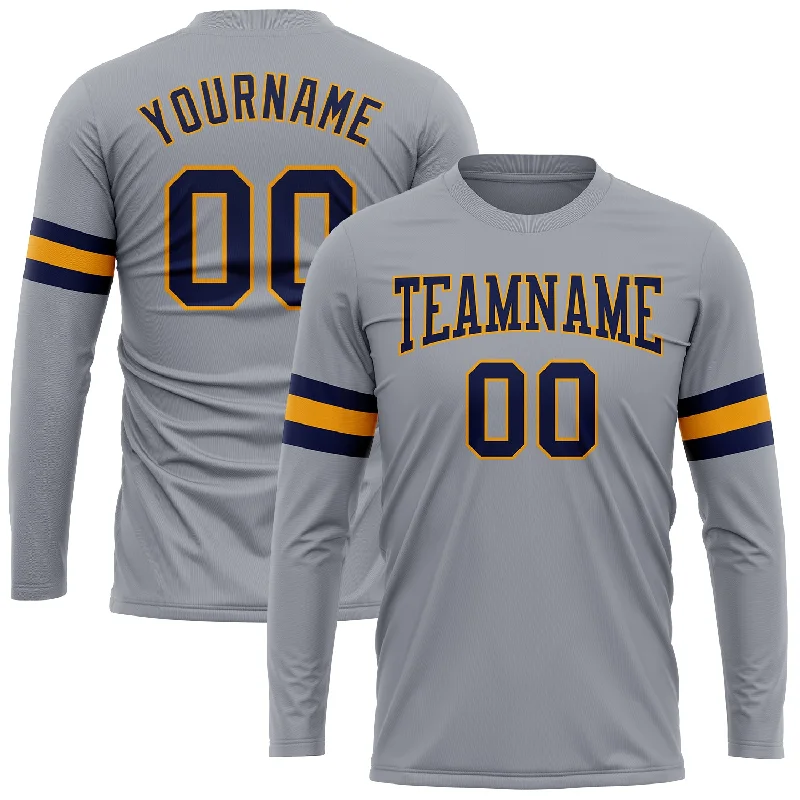 Custom Gray Navy-Gold Long Sleeve Performance T-Shirt