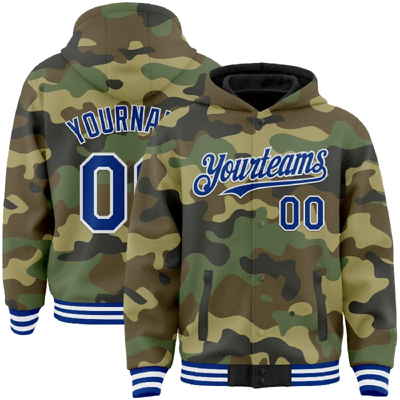 Custom Camo Royal-White Bomber Full-Snap Varsity Letterman Salute To Service Hoodie Jacket