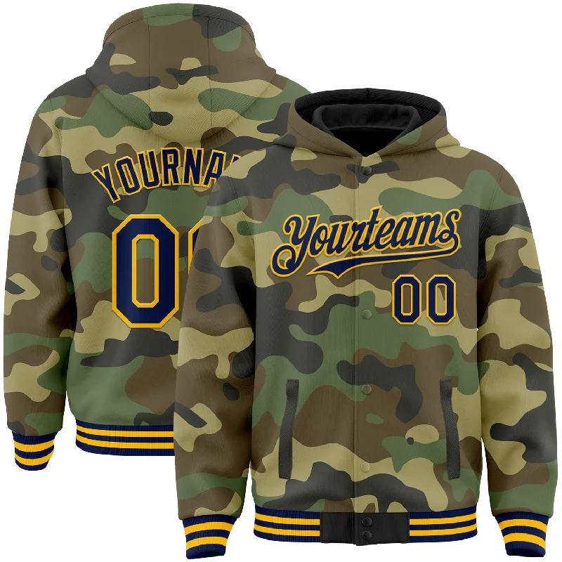 Custom Camo Navy-Gold Bomber Full-Snap Varsity Letterman Salute To Service Hoodie Jacket