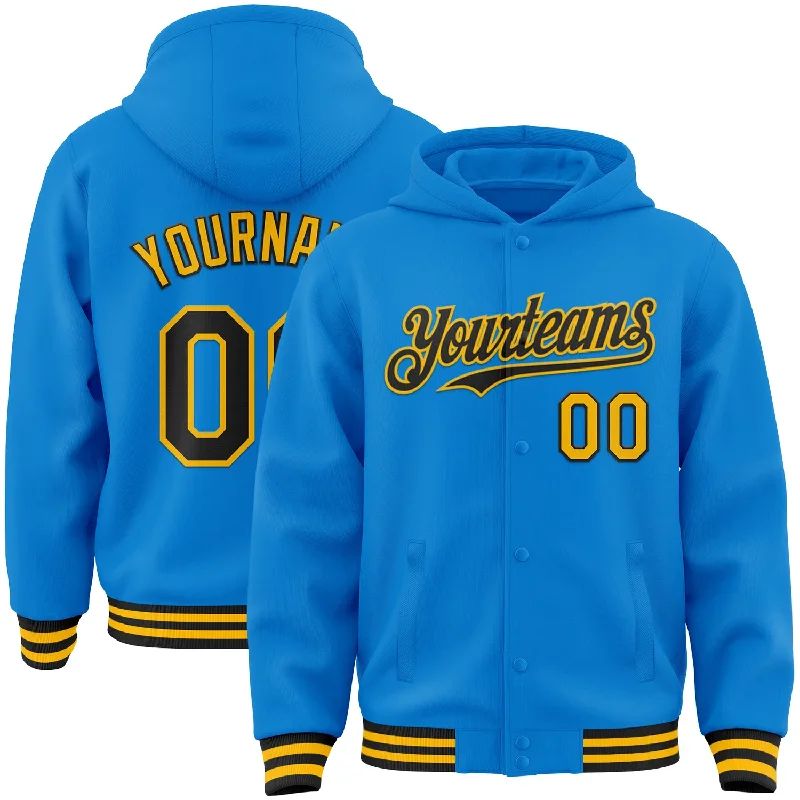 Custom Powder Blue Black-Gold Bomber Full-Snap Varsity Letterman Hoodie Jacket