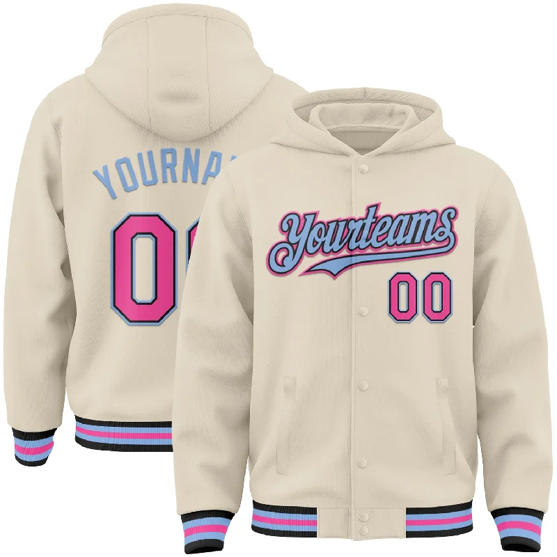 Custom Cream Pink Black-Light Blue Bomber Full-Snap Varsity Letterman Hoodie Jacket