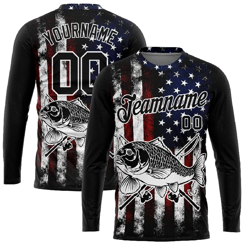 Custom Black Red-Royal 3D American Flag And Carp Fish Fishing Long Sleeve Performance T-Shirt