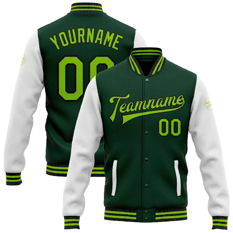 Custom Green Neon Green-Black Bomber Full-Snap Varsity Letterman Two Tone Jacket