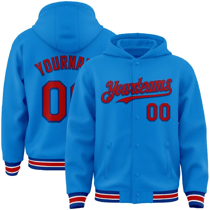 Custom Powder Blue Red-Royal Bomber Full-Snap Varsity Letterman Hoodie Jacket