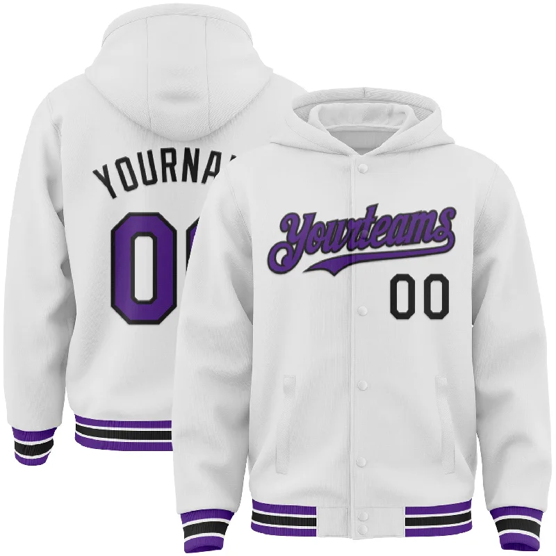 Custom White Purple-Black Bomber Full-Snap Varsity Letterman Hoodie Jacket