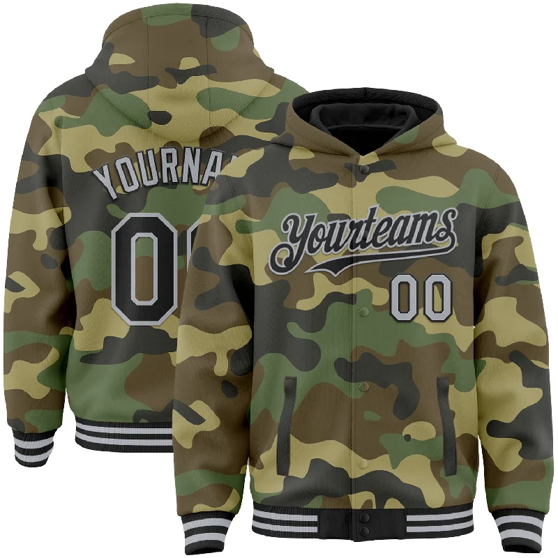 Custom Camo Black-Gray Bomber Full-Snap Varsity Letterman Salute To Service Hoodie Jacket