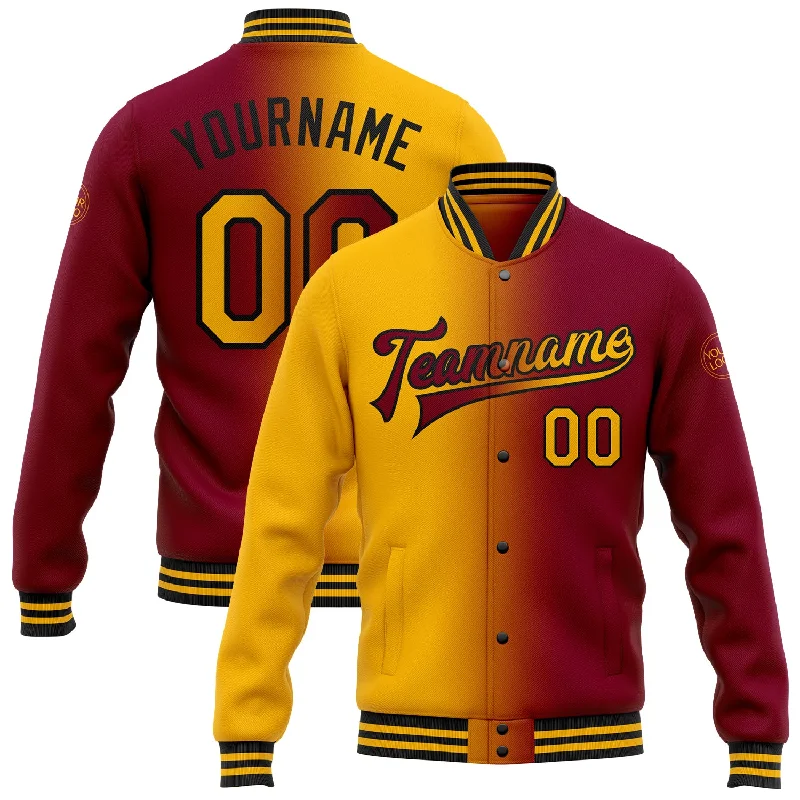 Custom Maroon Gold-Black Bomber Full-Snap Varsity Letterman Gradient Fashion Jacket