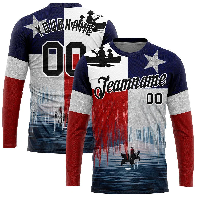 Custom Red Black-Navy 3D Texas Flag And Fish Fishing Long Sleeve Performance T-Shirt