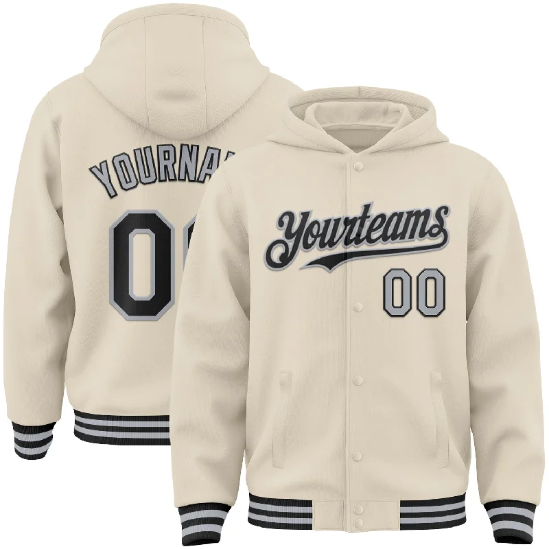 Custom Cream Black-Gray Bomber Full-Snap Varsity Letterman Hoodie Jacket