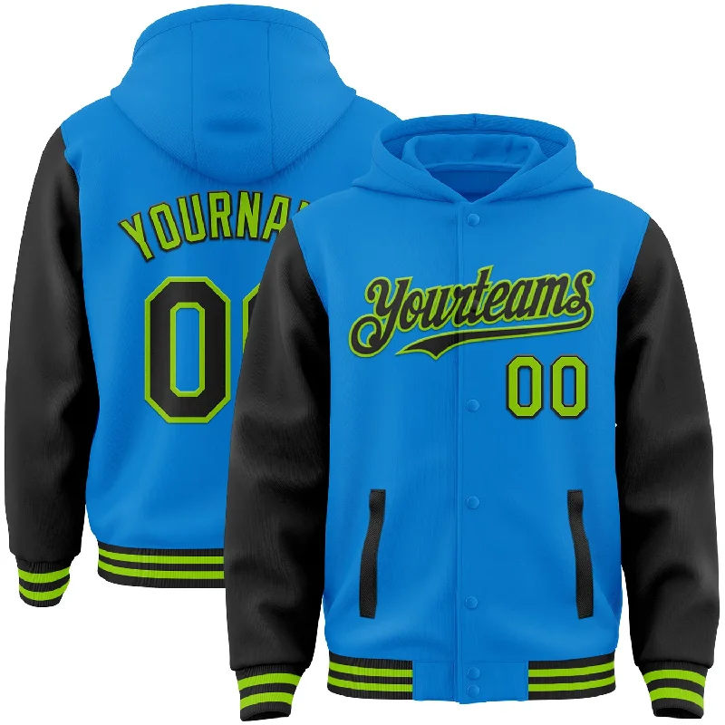 Custom Powder Blue Black-Neon Green Bomber Full-Snap Varsity Letterman Two Tone Hoodie Jacket