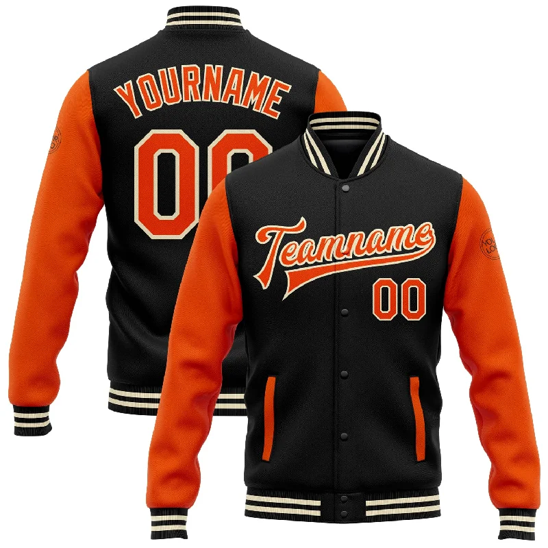 Custom Black Orange-Cream Bomber Full-Snap Varsity Letterman Two Tone Jacket