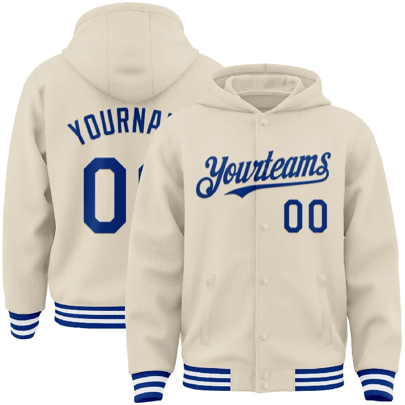 Custom Cream Royal-White Bomber Full-Snap Varsity Letterman Hoodie Jacket