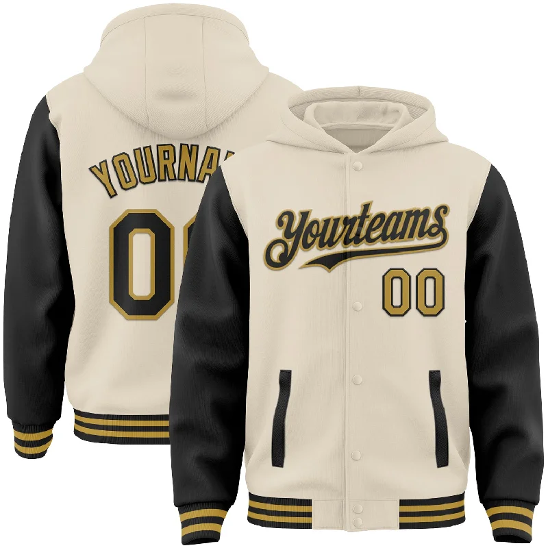 Custom Cream Black-Old Gold Bomber Full-Snap Varsity Letterman Two Tone Hoodie Jacket