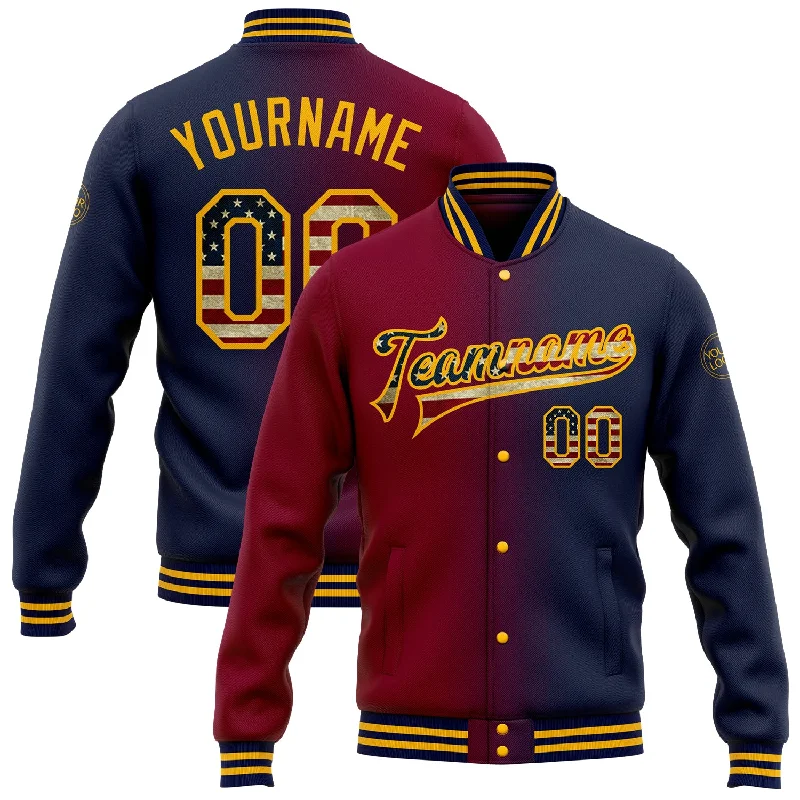 Custom Navy Vintage USA Flag Maroon-Gold Bomber Full-Snap Varsity Letterman Gradient Fashion Jacket