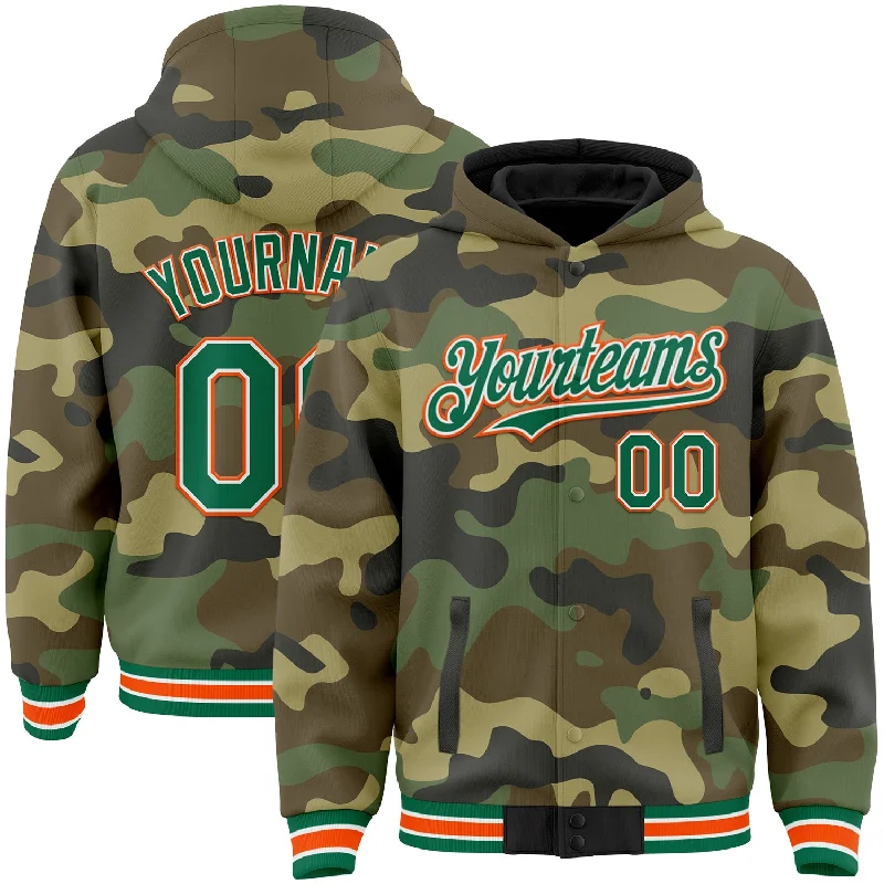 Custom Camo Kelly Green-Orange Bomber Full-Snap Varsity Letterman Salute To Service Hoodie Jacket