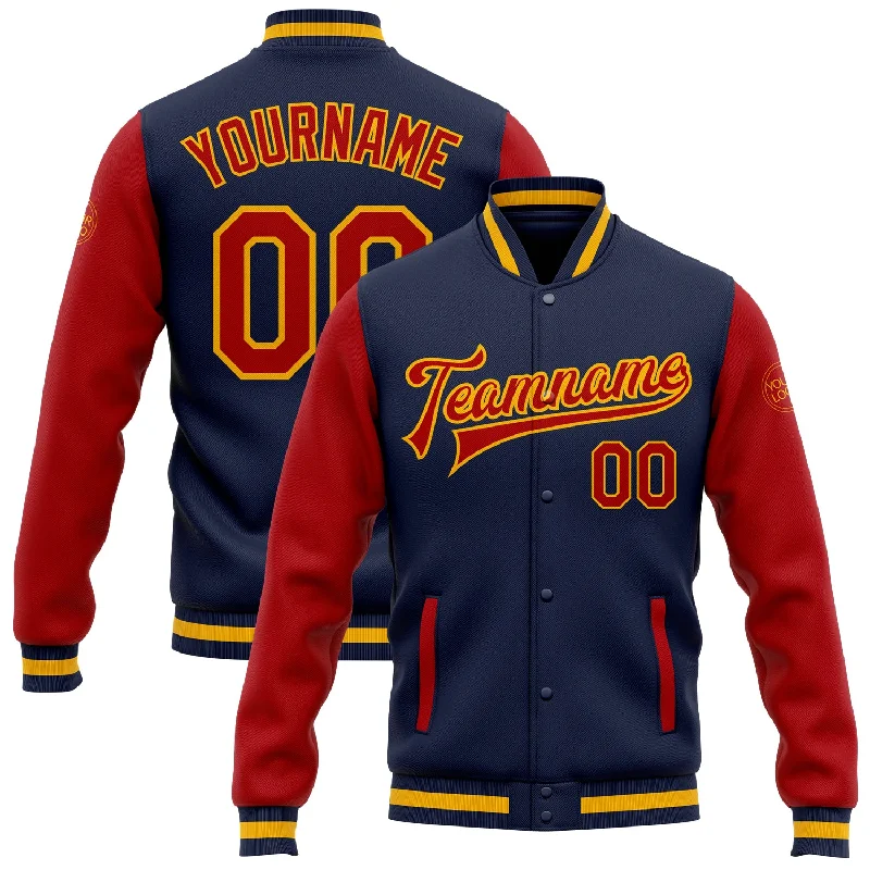 Custom Navy Red-Gold Bomber Full-Snap Varsity Letterman Two Tone Jacket