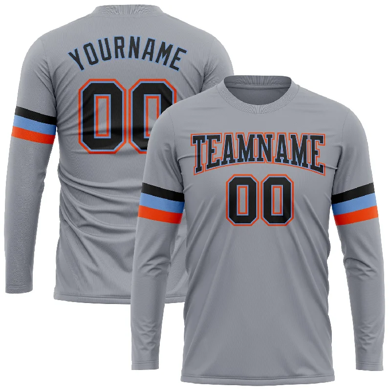 Custom Gray Black Powder Blue-Orange Long Sleeve Performance T-Shirt