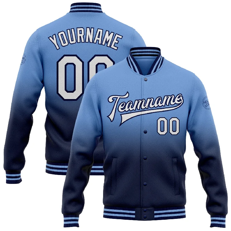 Custom Light Blue White-Navy Bomber Full-Snap Varsity Letterman Fade Fashion Jacket