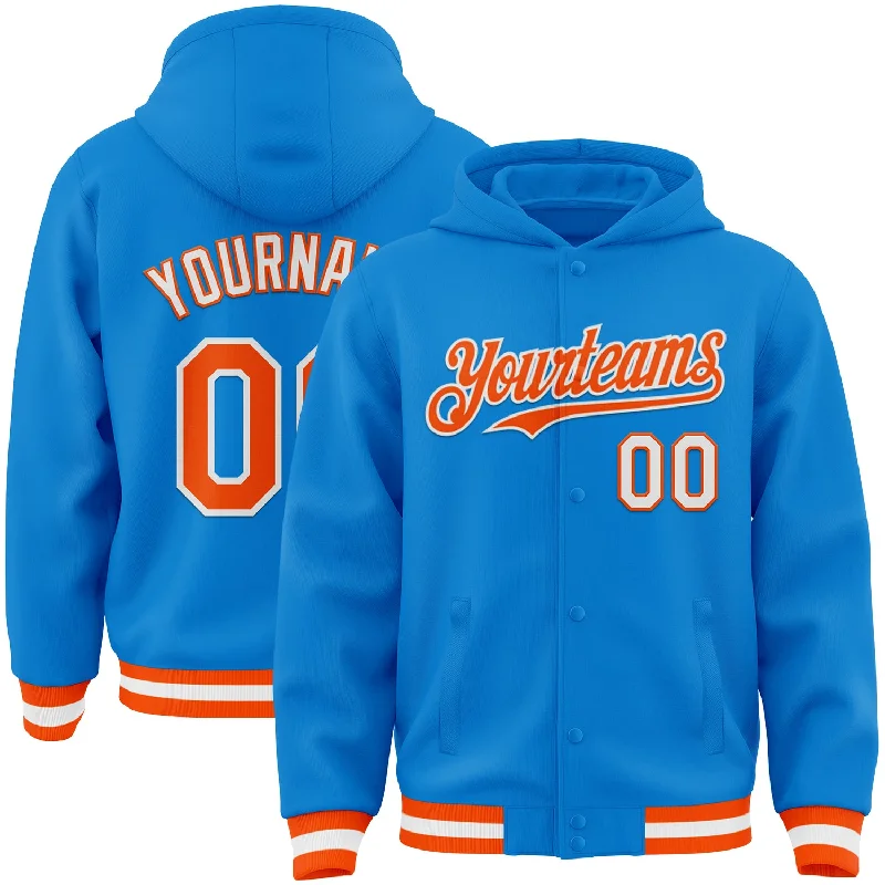 Custom Powder Blue Orange-White Bomber Full-Snap Varsity Letterman Hoodie Jacket