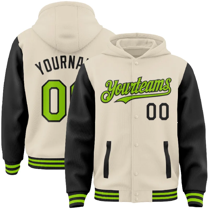 Custom Cream Neon Green-Black Bomber Full-Snap Varsity Letterman Two Tone Hoodie Jacket