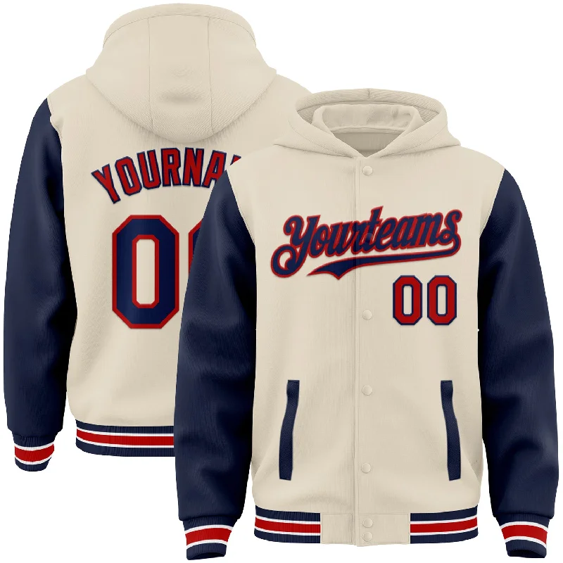 Custom Cream Navy Red-White Bomber Full-Snap Varsity Letterman Two Tone Hoodie Jacket