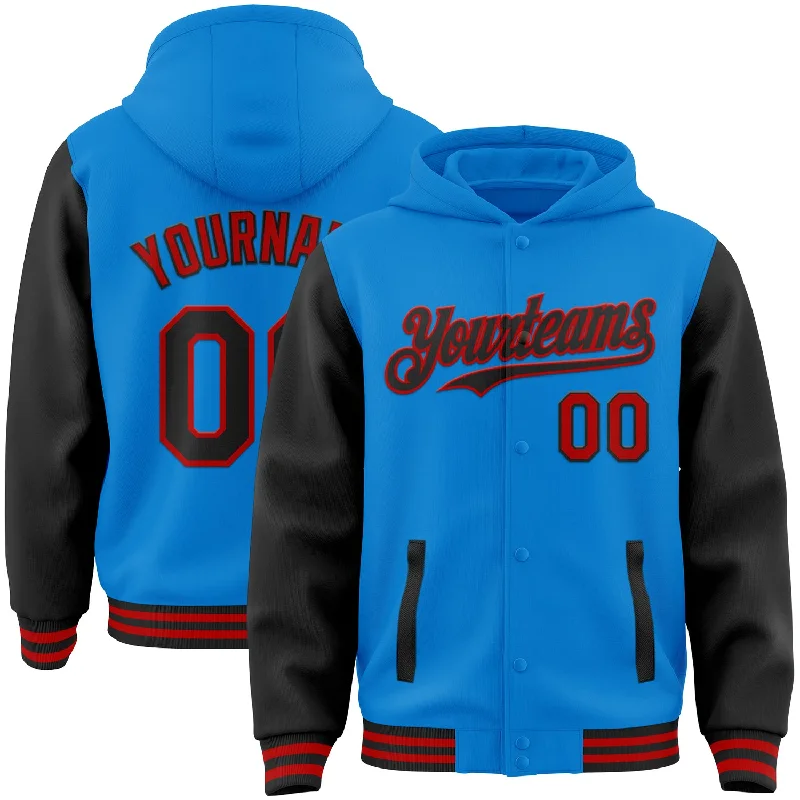 Custom Powder Blue Black-Red Bomber Full-Snap Varsity Letterman Two Tone Hoodie Jacket