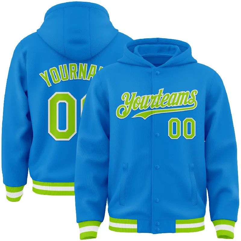 Custom Powder Blue Neon Green-White Bomber Full-Snap Varsity Letterman Hoodie Jacket