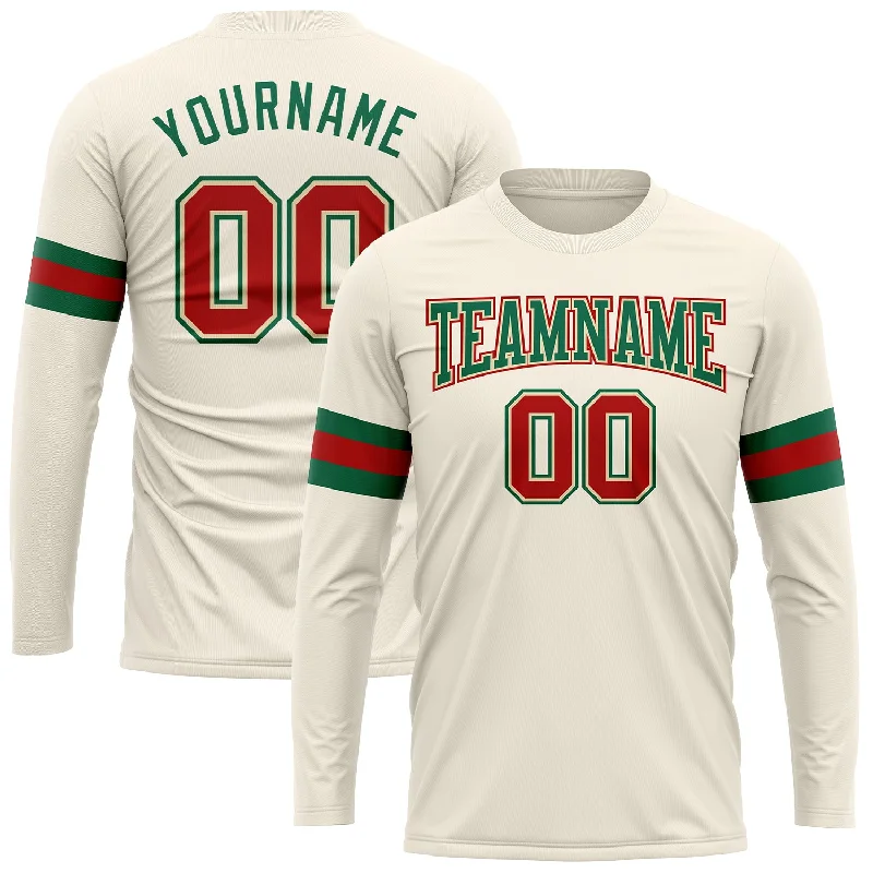 Custom Cream Red-Kelly Green Long Sleeve Performance T-Shirt