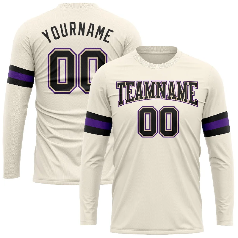 Custom Cream Black-Purple Long Sleeve Performance T-Shirt