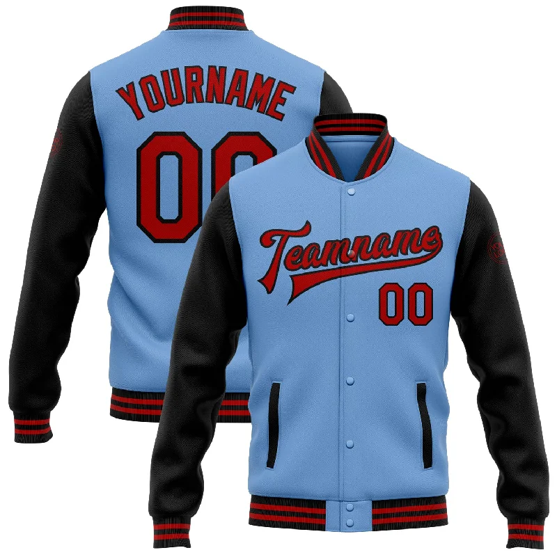 Custom Light Blue Red-Black Bomber Full-Snap Varsity Letterman Two Tone Jacket