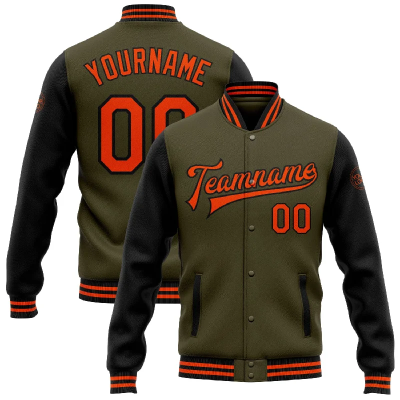 Custom Olive Orange-Black Bomber Full-Snap Varsity Letterman Two Tone Salute To Service Jacket