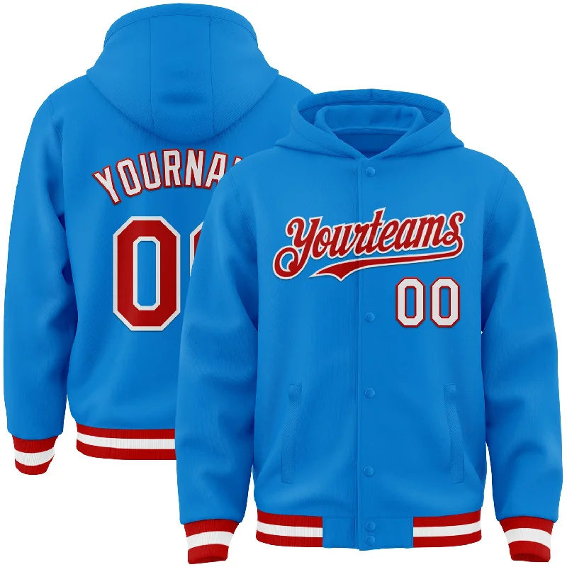 Custom Powder Blue Red-White Bomber Full-Snap Varsity Letterman Hoodie Jacket