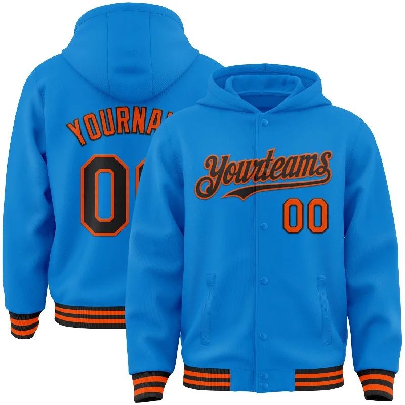 Custom Powder Blue Black-Orange Bomber Full-Snap Varsity Letterman Hoodie Jacket