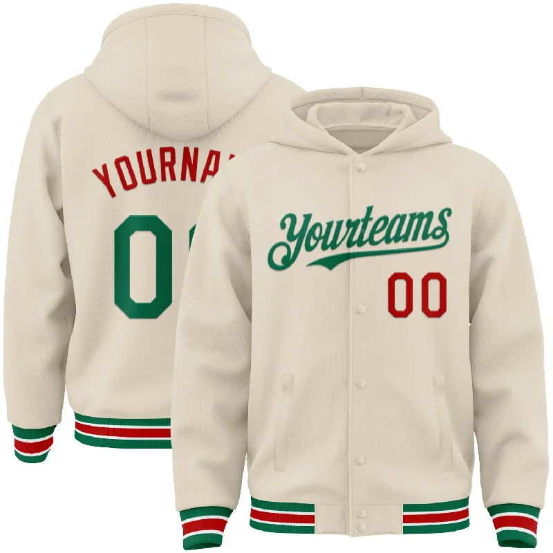 Custom Cream Kelly Green Red-White Bomber Full-Snap Varsity Letterman Hoodie Jacket