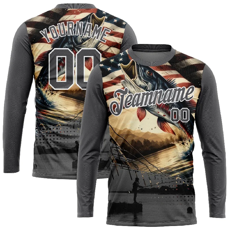 Custom Steel Gray White 3D American Flag And Fish Fishing Long Sleeve Performance T-Shirt